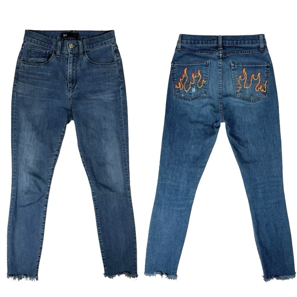3X1 NYC Jeans Size 26 High Rise Skinny Embroidered Flame Pockets Distressed‎
